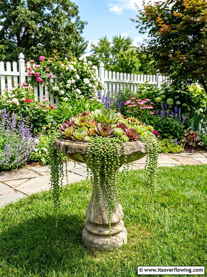 Birdbath Succulent Planter - 25 garden decor ideas with succulent displays