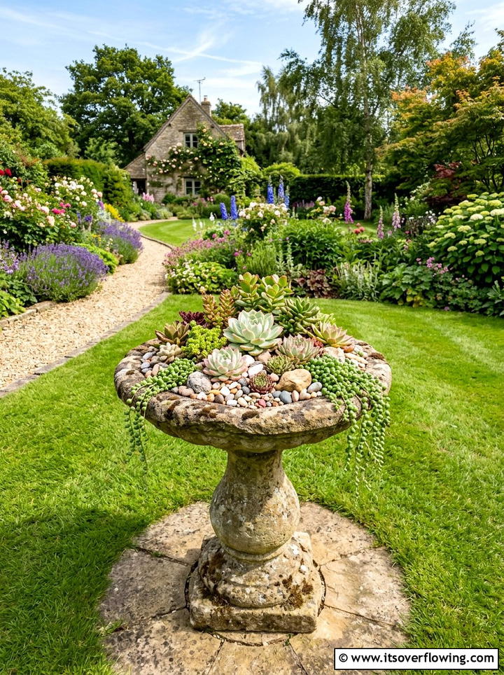 Birdbath succulent garden - 25 backyard decorating ideas with succulent pots