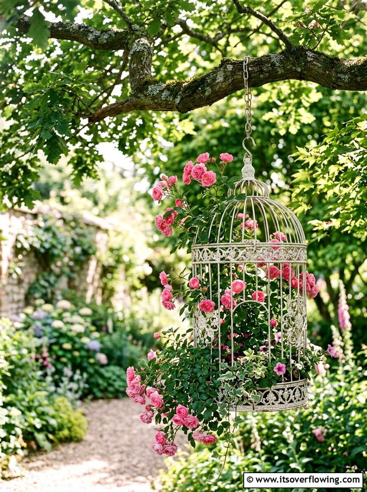 Birdcage Flower Planter - 25 reusing old things ideas for front yard