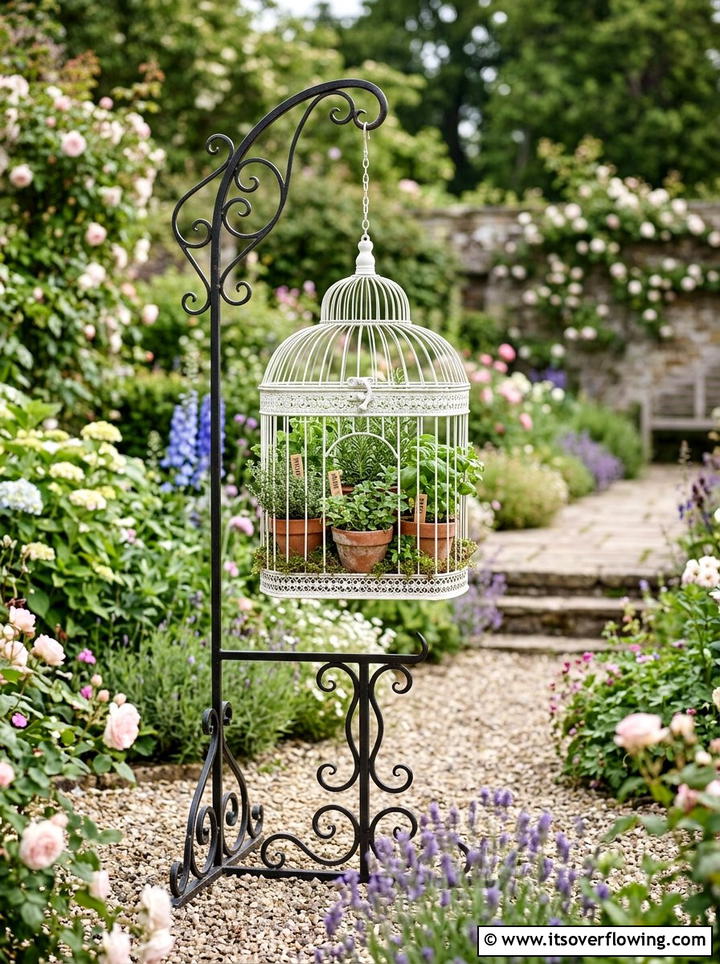 Birdcage Herb Garden - 25 reusing old things ideas for herb garden