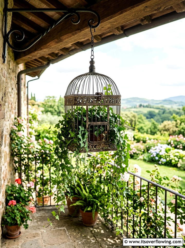 Birdcage Plant Hanger - 25 upcycled garden ideas for urban gardens