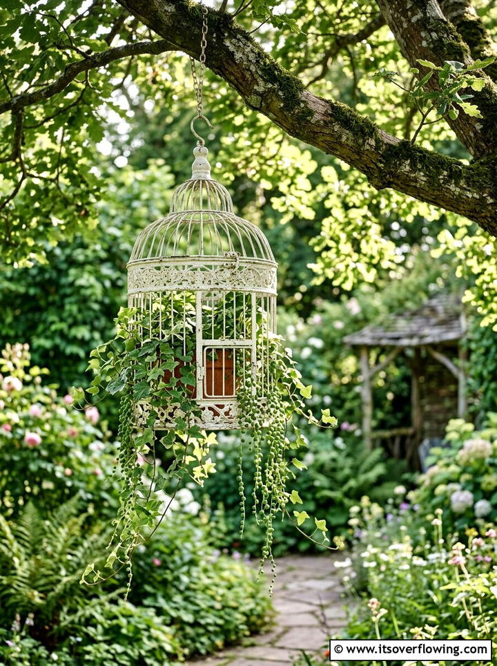 Birdcage Plant Holder - 25 cheap garden ideas with container gardening