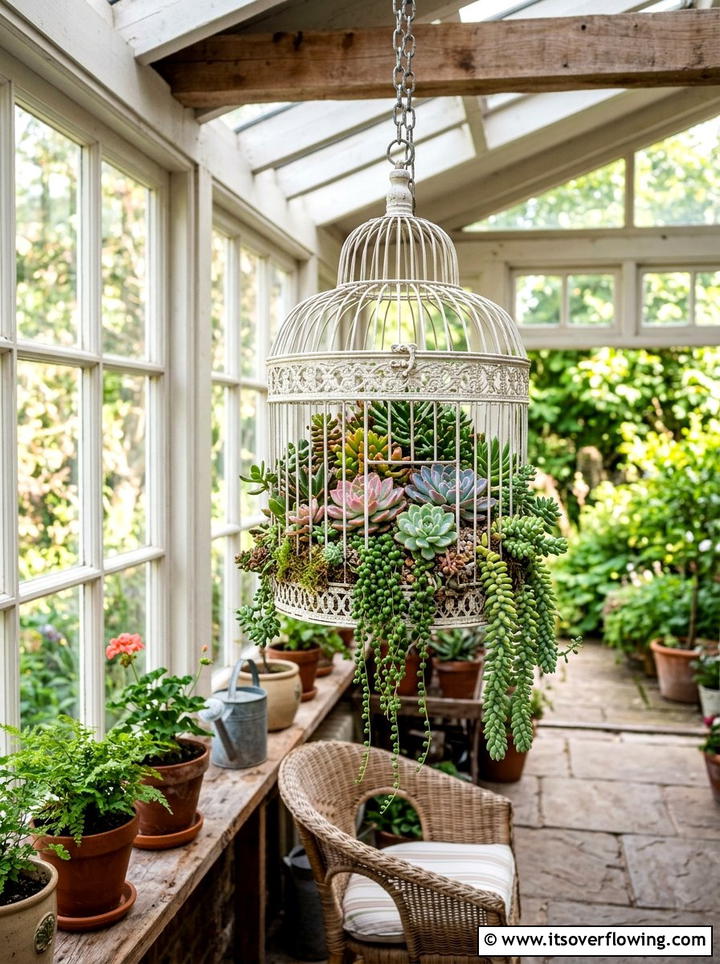 Birdcage Succulent Display - 25 recycled garden ideas for backyard decor