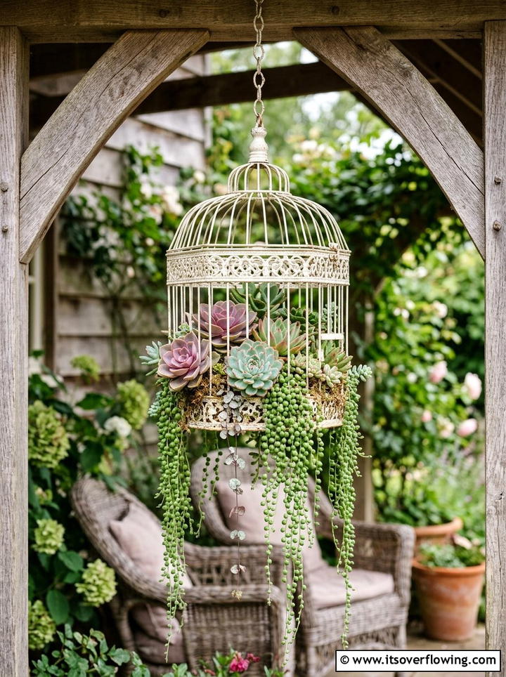 Birdcage Succulent Display - 25 recycled garden ideas for patio decor