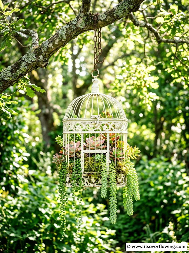 Birdcage Succulent Display - 25 upcycled garden ideas for backyards