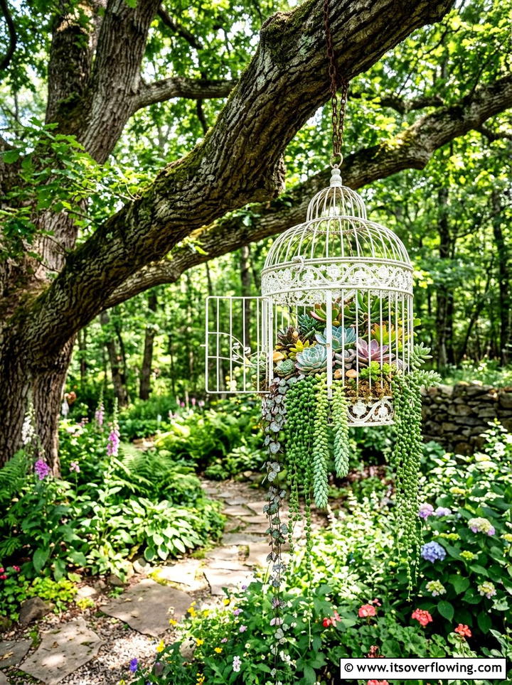 Birdcage Succulent Garden - 25 reusing old things ideas for container garden