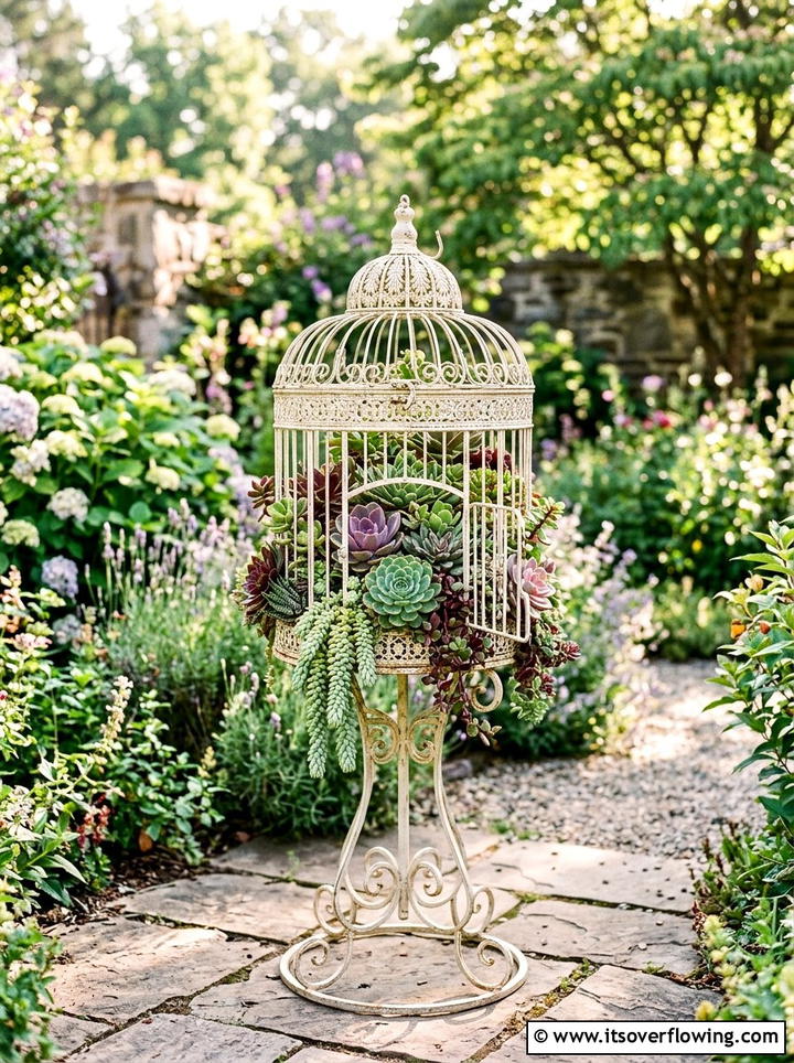 Birdcage Succulent Garden - 25 reusing old things ideas for patio