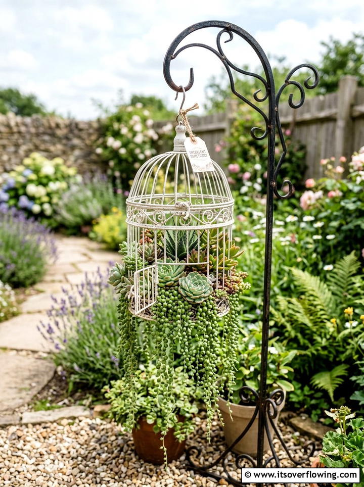 Birdcage Succulent Garden Display - 25 recycled garden ideas with gutter garden