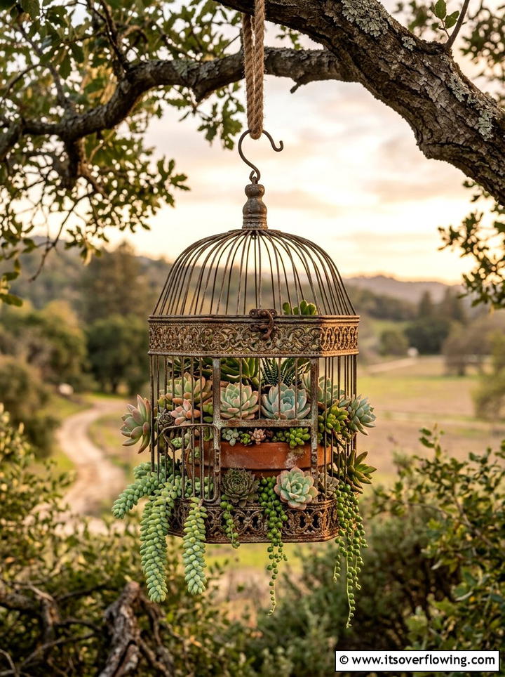 Birdcage Succulent Holder - 25 upcycled garden ideas with rustic style