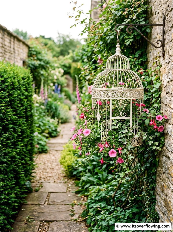 Birdcage flower planter - 25 upcycled garden ideas for narrow spaces