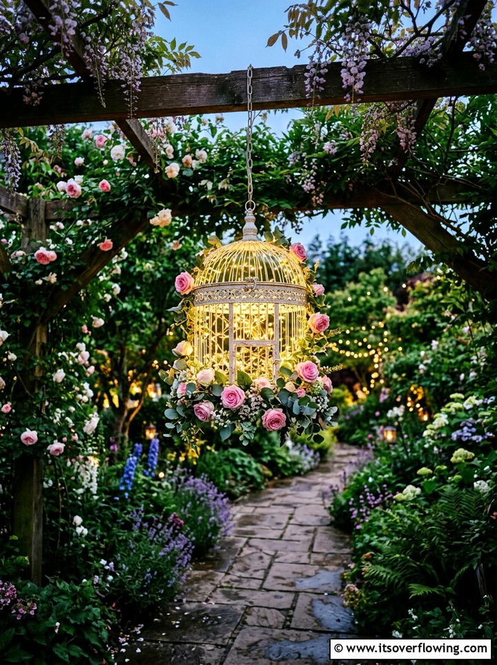 Birdcage garden chandelier - 25 reusing old things ideas for outdoor lighting