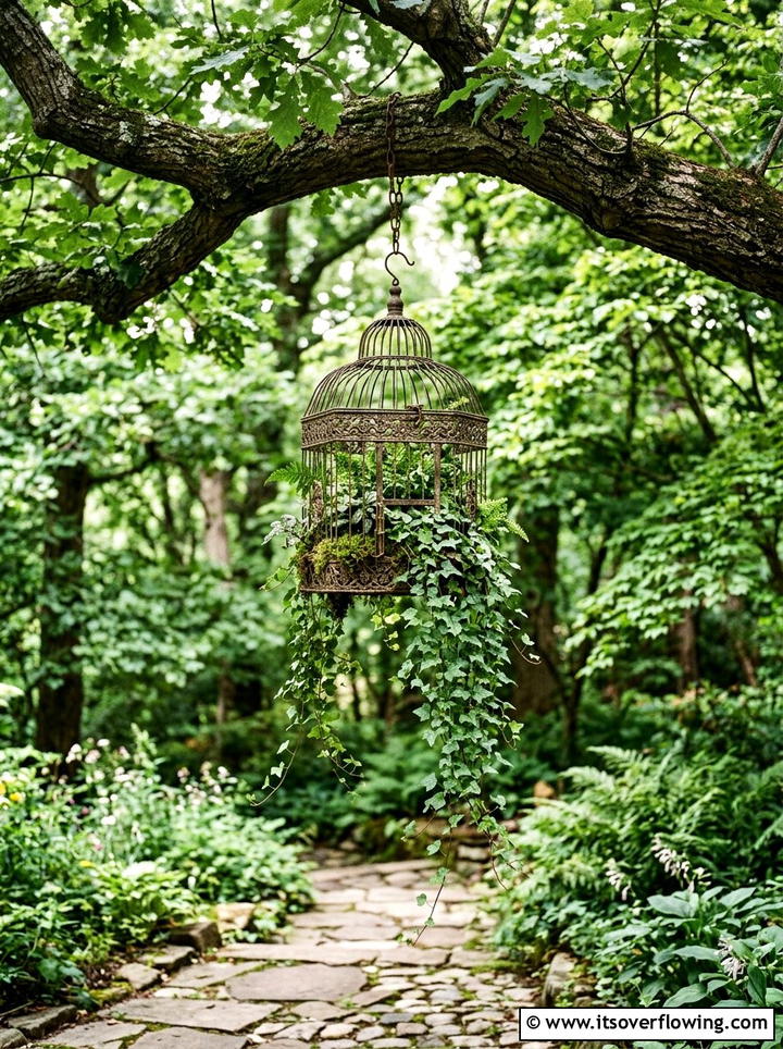 Birdcage hanging planter - 25 upcycled garden ideas with hanging planters