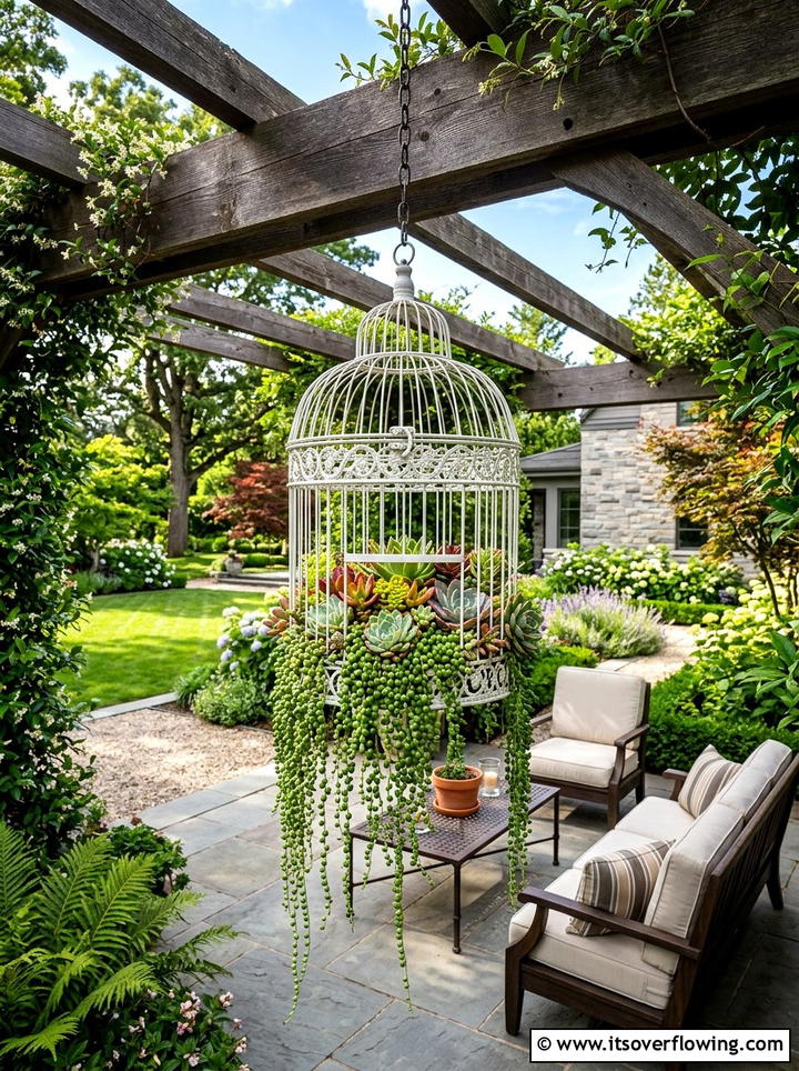 Birdcage succulent display - 25 cheap garden ideas with thrifted decor