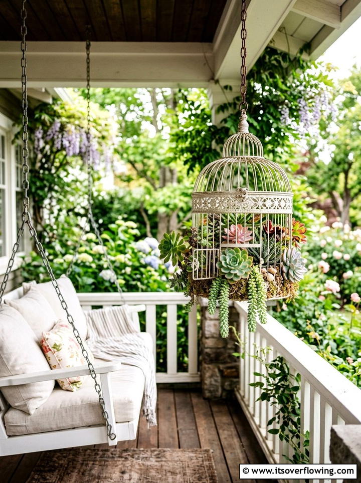 Birdcage succulent garden - 25 recycled garden ideas for porch decor