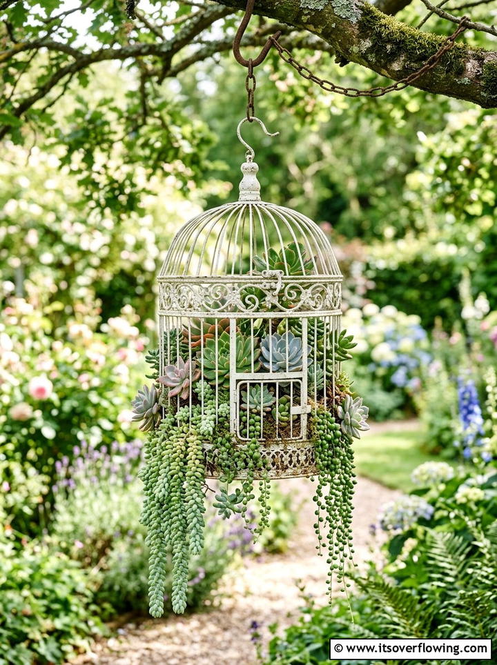 Birdcage succulent garden - 25 upcycled garden ideas for balconies
