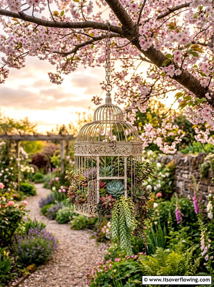 Birdcage succulent garden display - 25 creative garden ideas with unusual planters