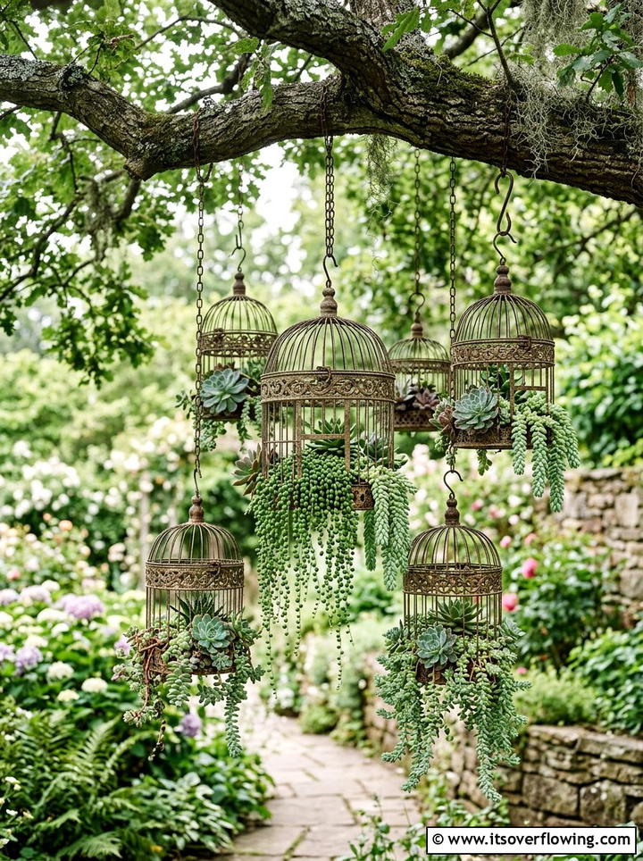 Birdcage succulent garden - 25 cheap garden ideas with repurposed containers