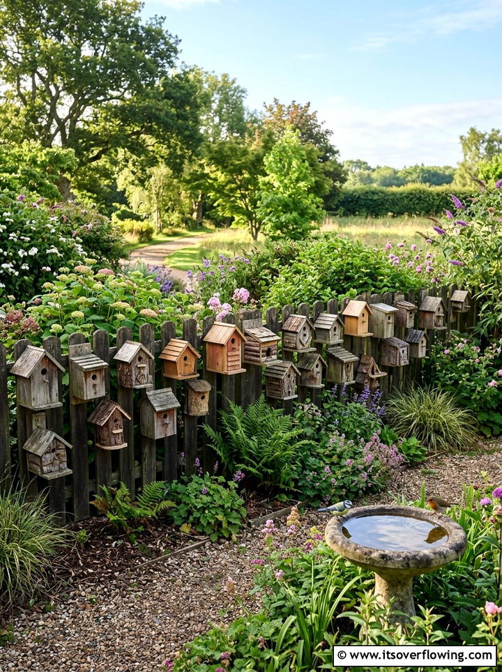 Birdhouse Collection Display - 25 garden decor ideas with fence decorations