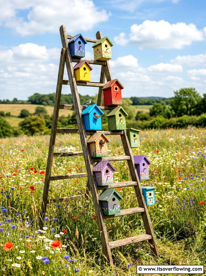 Birdhouse Display On Ladder - 25 garden ideas with old ladders