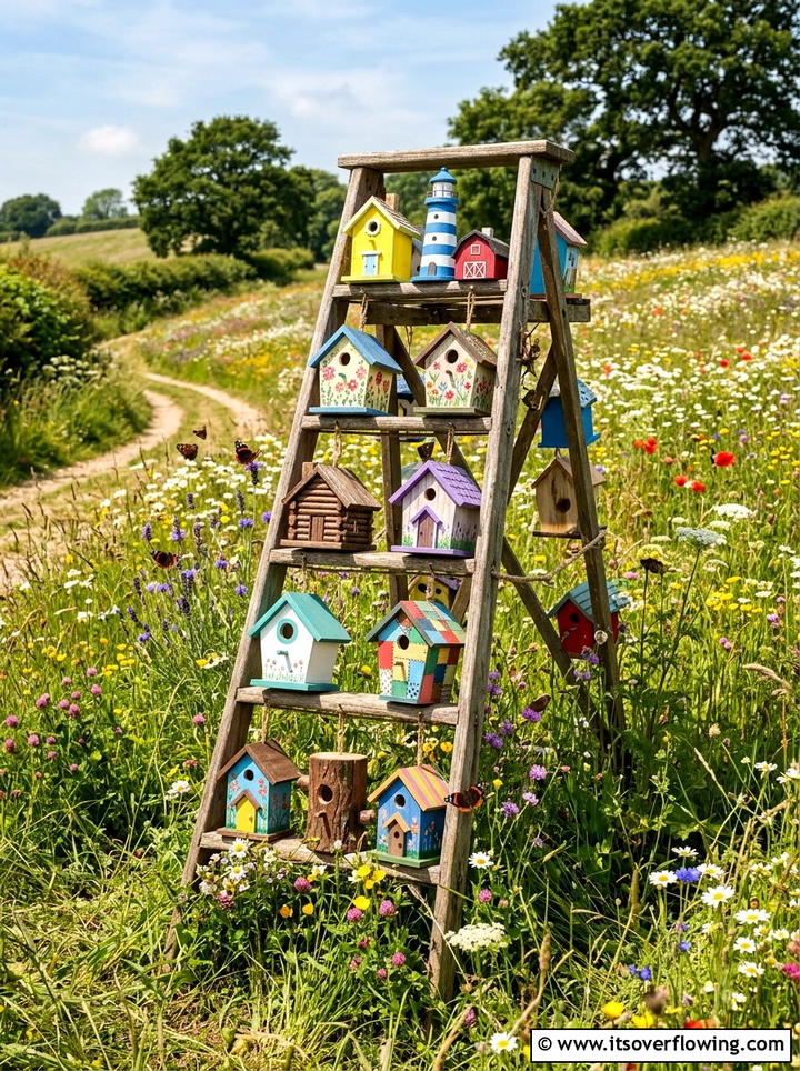 Birdhouse Display Stand - 25 upcycled garden ideas with old ladders