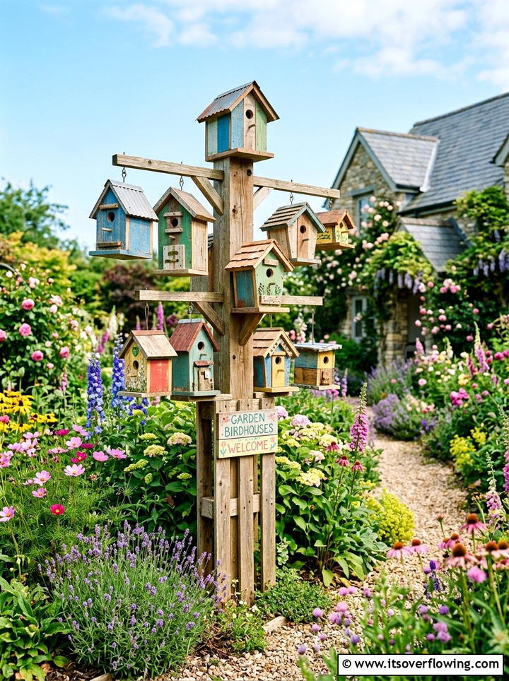 Birdhouse Display Stand - 25 garden decor ideas with pallet projects