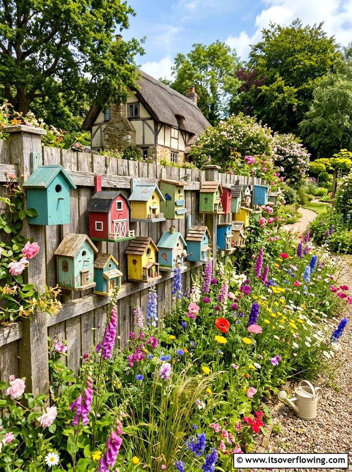 Birdhouse Display - 25 garden ideas with fence decor