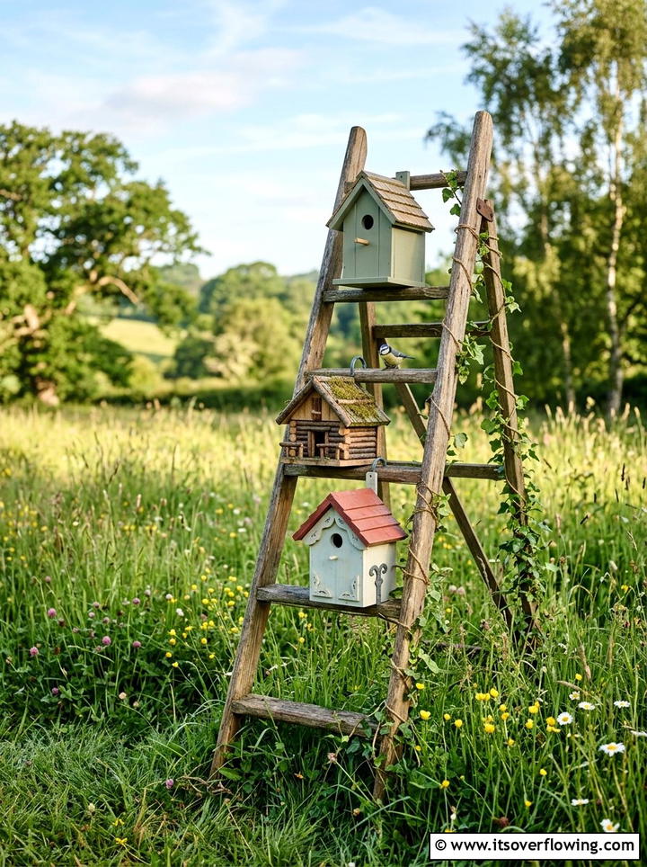 Birdhouse Ladder Display - 25 backyard decorating ideas with vintage ladders
