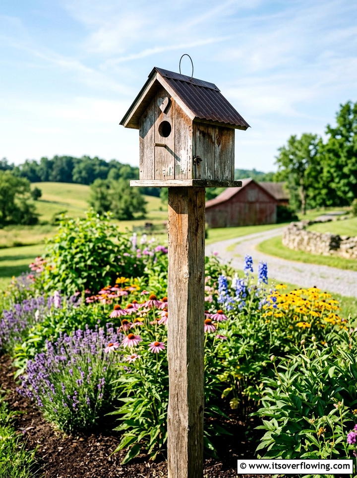 Birdhouse On Post - 25 garden decor ideas with farmhouse accents