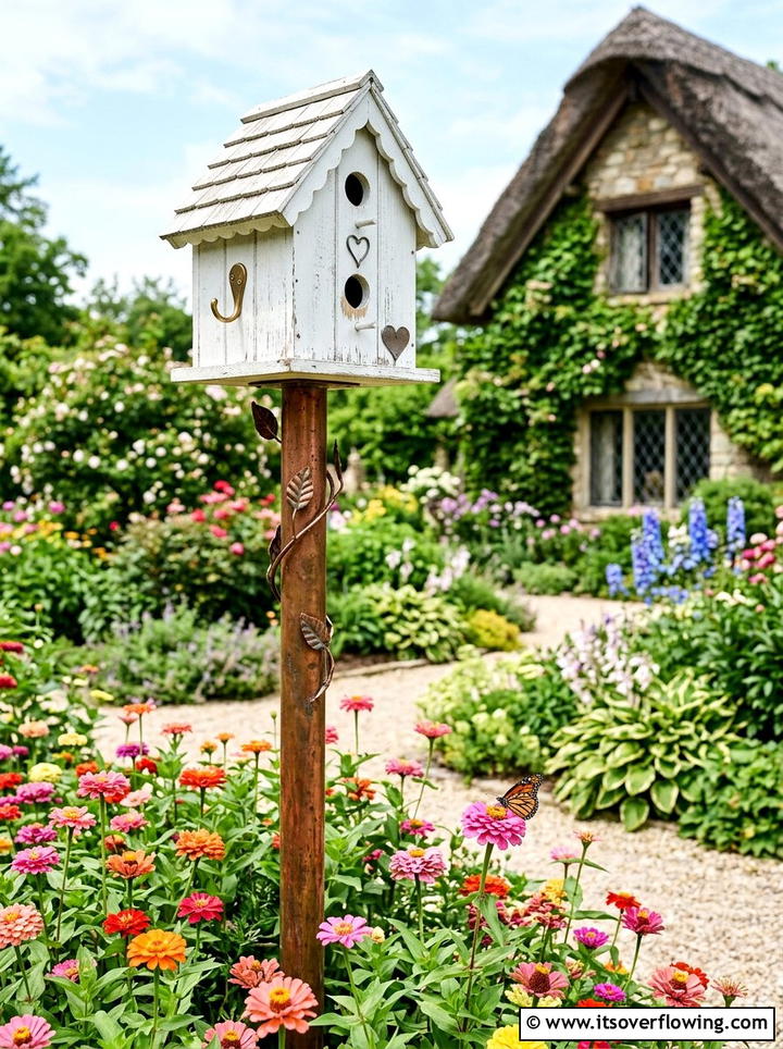 Birdhouse Pole Decor - 25 small garden ideas with cottage style
