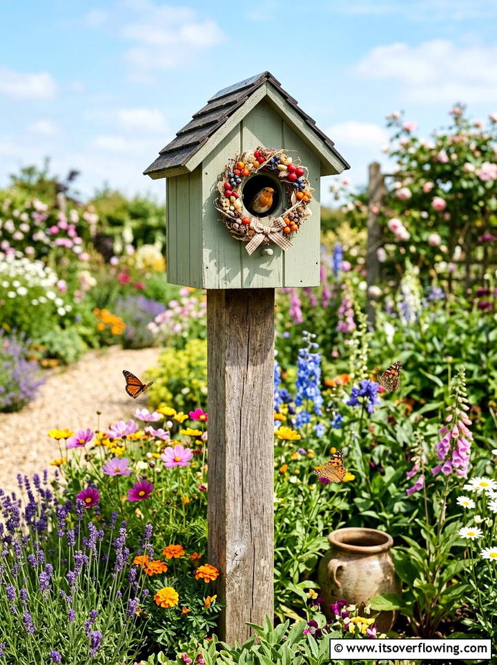 Birdhouse Post Wreath - 25 garden decor ideas with seasonal wreaths
