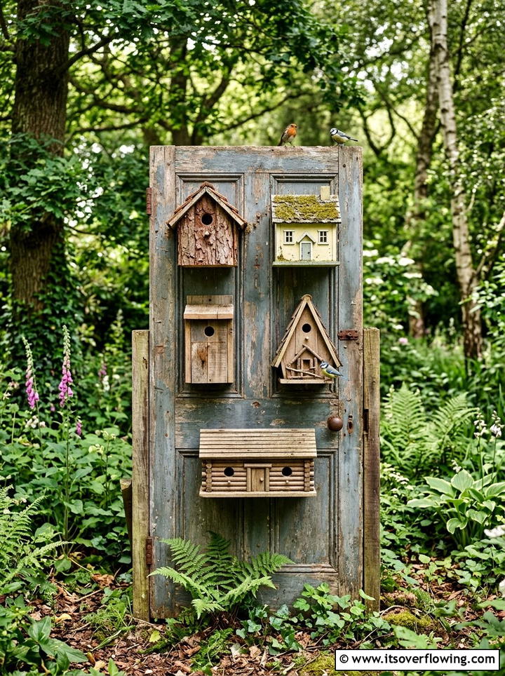 Birdhouse Station On Old Door - 25 upcycled garden ideas with old doors
