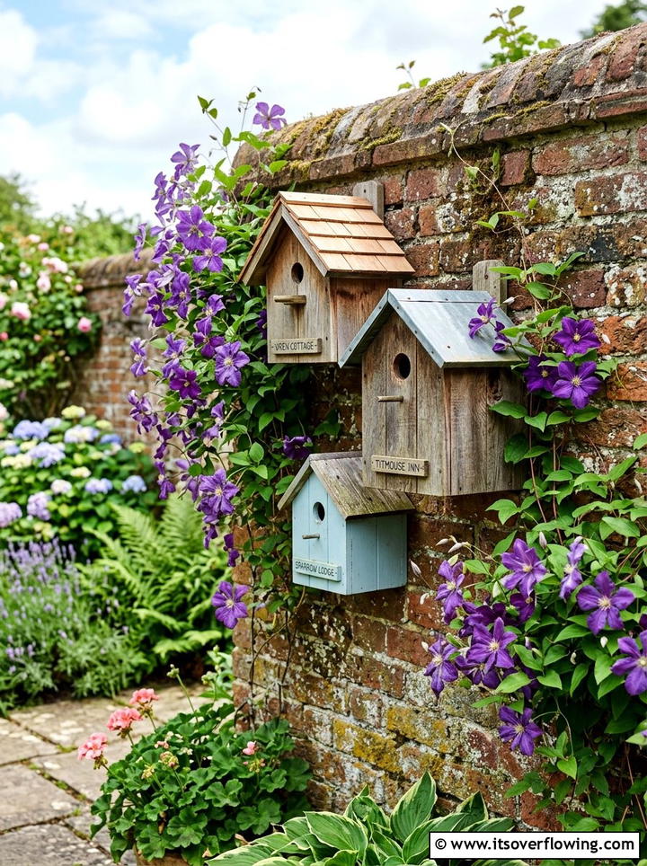 Birdhouse cluster on garden wall - 25 garden decor ideas with birdhouses