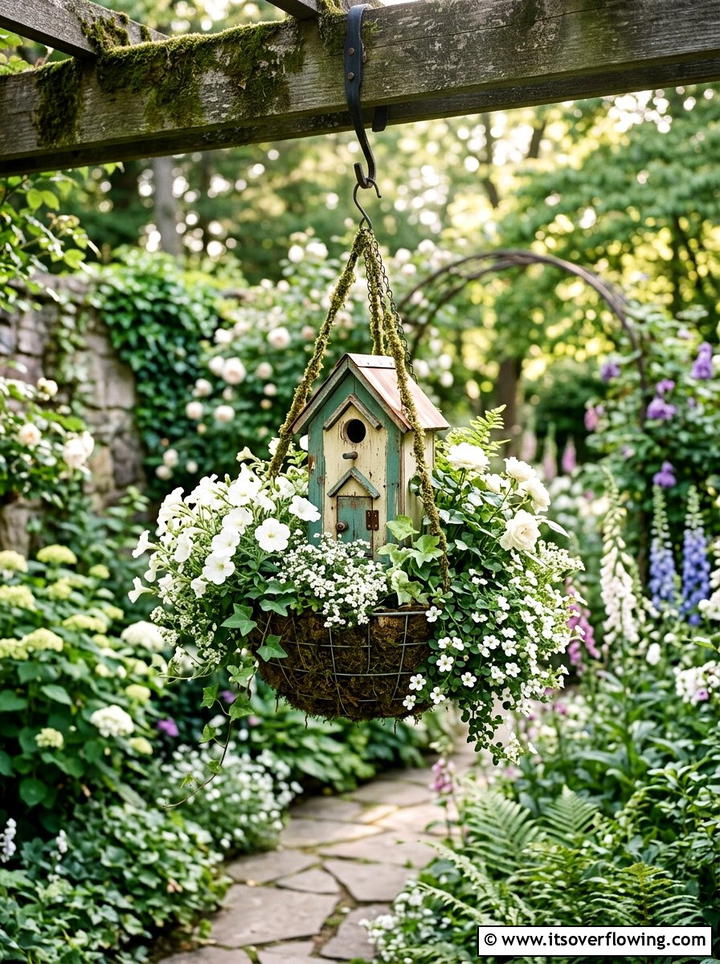 Birdhouse hanging baskets whimsical garden - 25 cheap garden ideas with hanging baskets