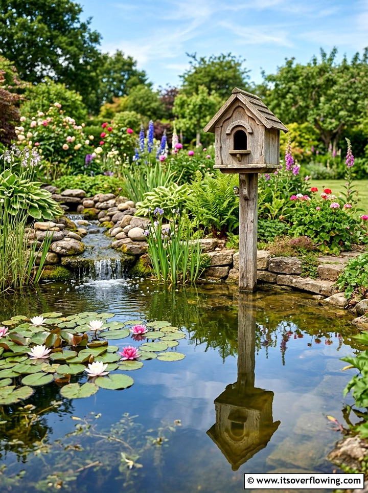 Birdhouse near garden pond - 25 garden decor ideas with birdhouses