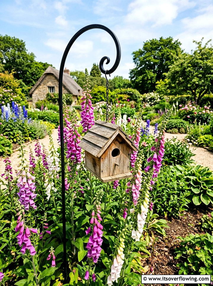 Birdhouse on iron shepherd hook - 25 garden decor ideas with birdhouses
