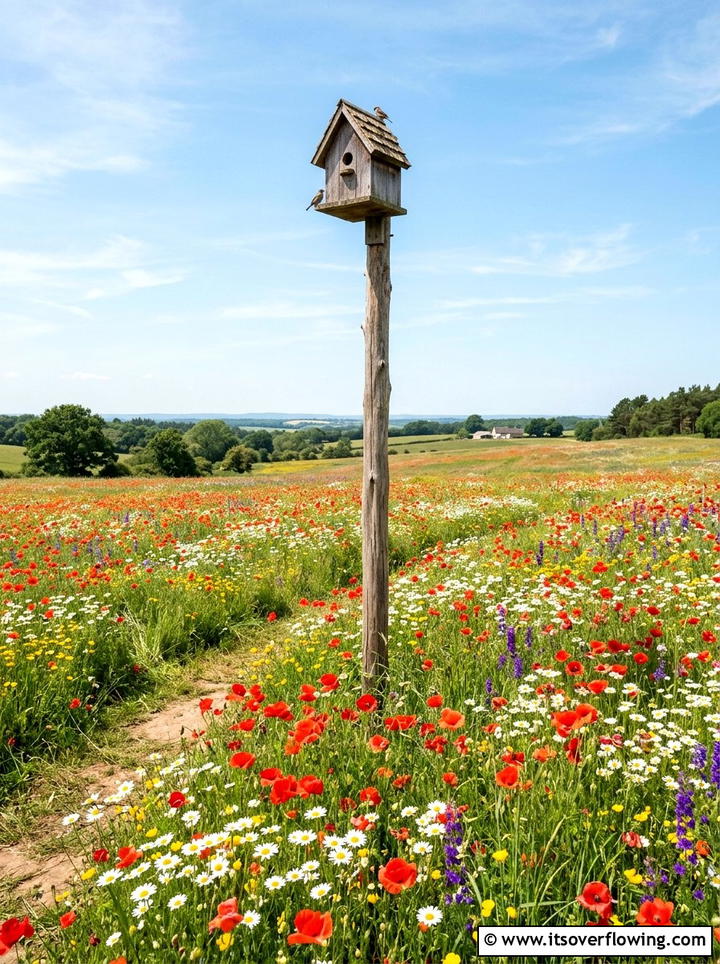 Birdhouse on tall cedar pole - 25 garden decor ideas with birdhouses