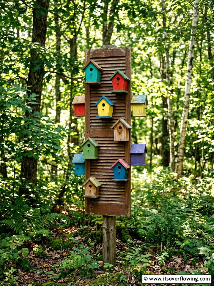Birdhouse stand - 25 upcycled garden ideas with old shutters