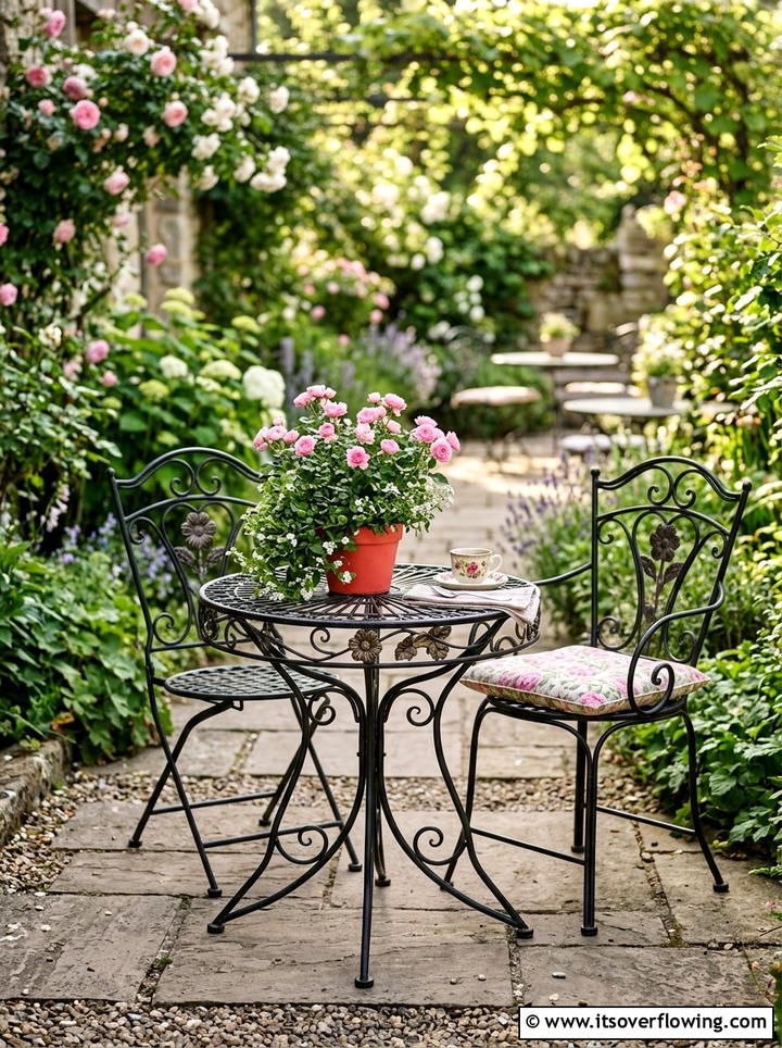 Bistro Set Floral Accent - 25 backyard decorating ideas with floral displays