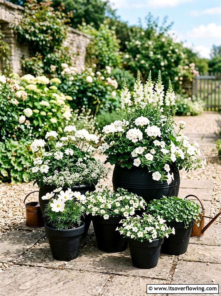 Black Container Garden With White Blossoms - 25 creative garden ideas with black and white gardens