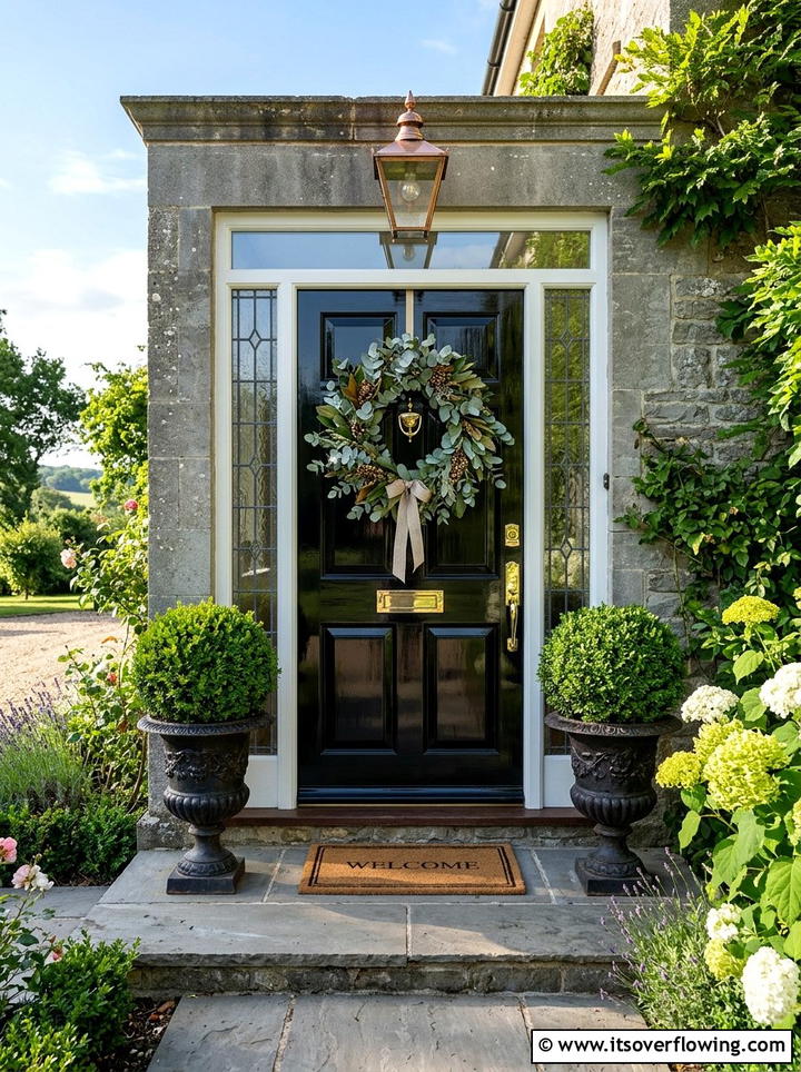 Black Front Door - 25 front porch decor ideas with eucalyptus wreath