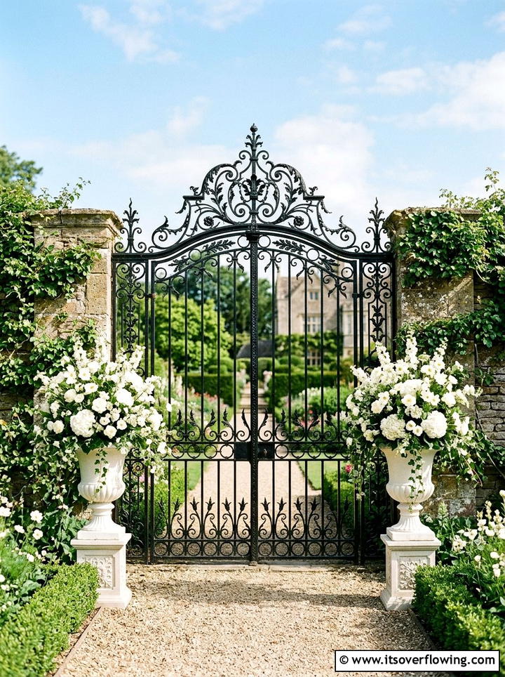 Black Garden Gate With White Flower Pots - 25 creative garden ideas with black and white gardens