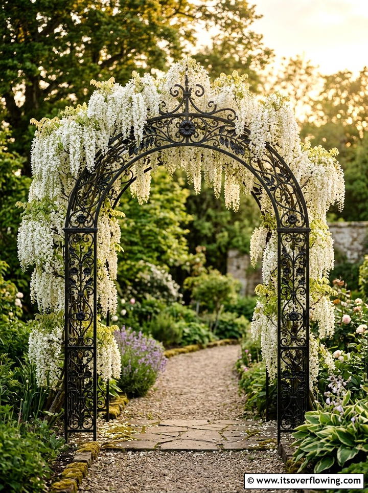 Black Metal Arch With White Wisteria - 25 creative garden ideas with black and white gardens
