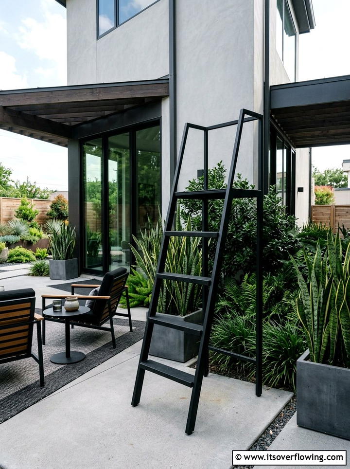 Black Metal Modern Patio Ladder - 25 garden decor ideas with floral ladders