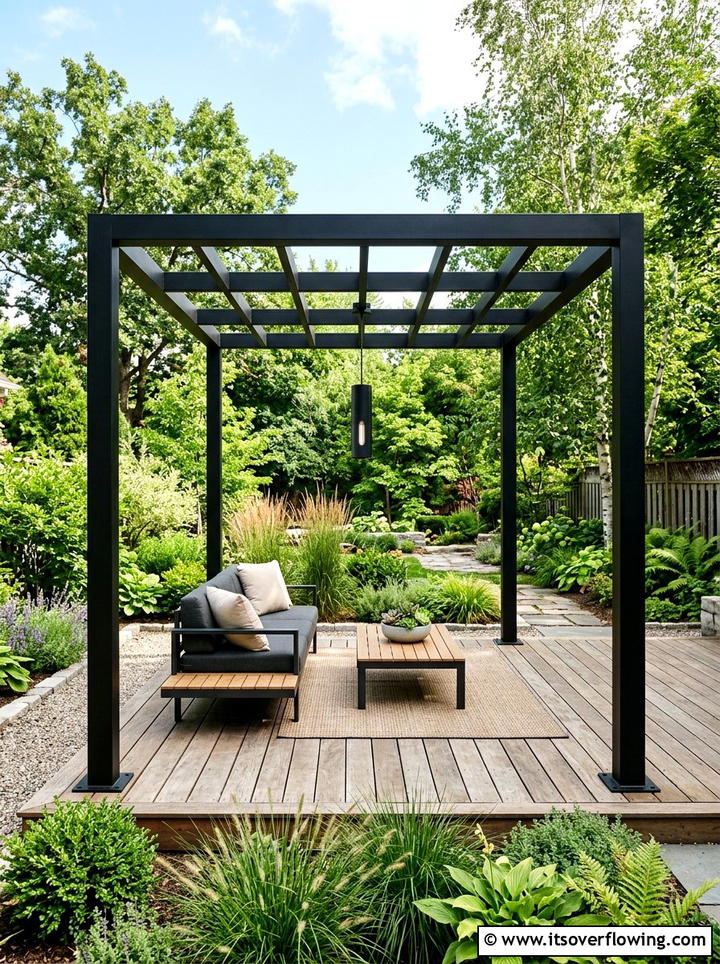 Black Metal Pergola - 25 small garden ideas with minimalist style