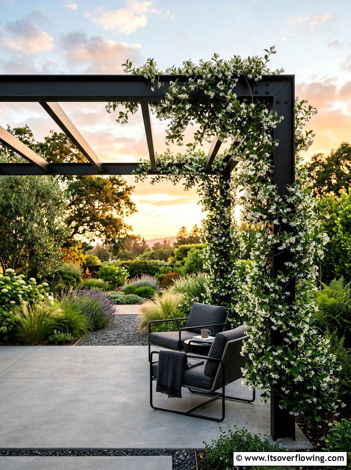 Black Metal Pergola With Jasmine - 25 garden design ideas with pergola and vines