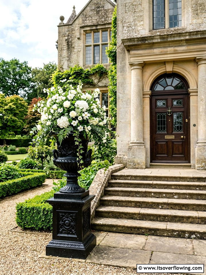 Black Metal Urn - 25 front porch ideas with real plants
