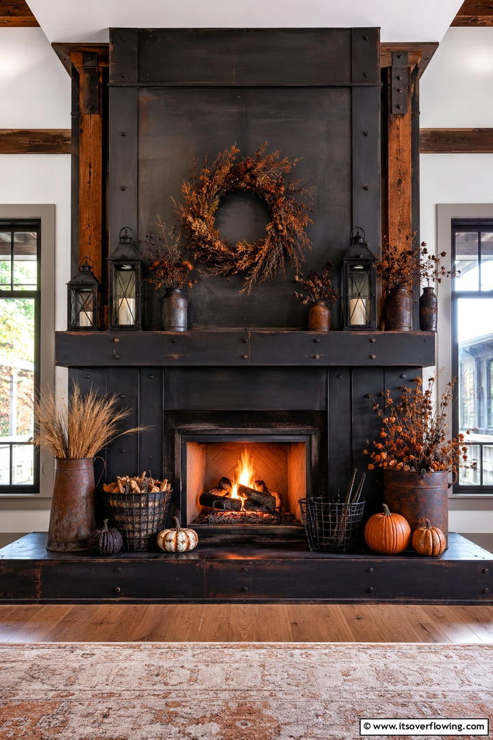 Black Metal and Rust Theme - 50 Fall Fireplace Decor Ideas to Warm Autumn Gatherings