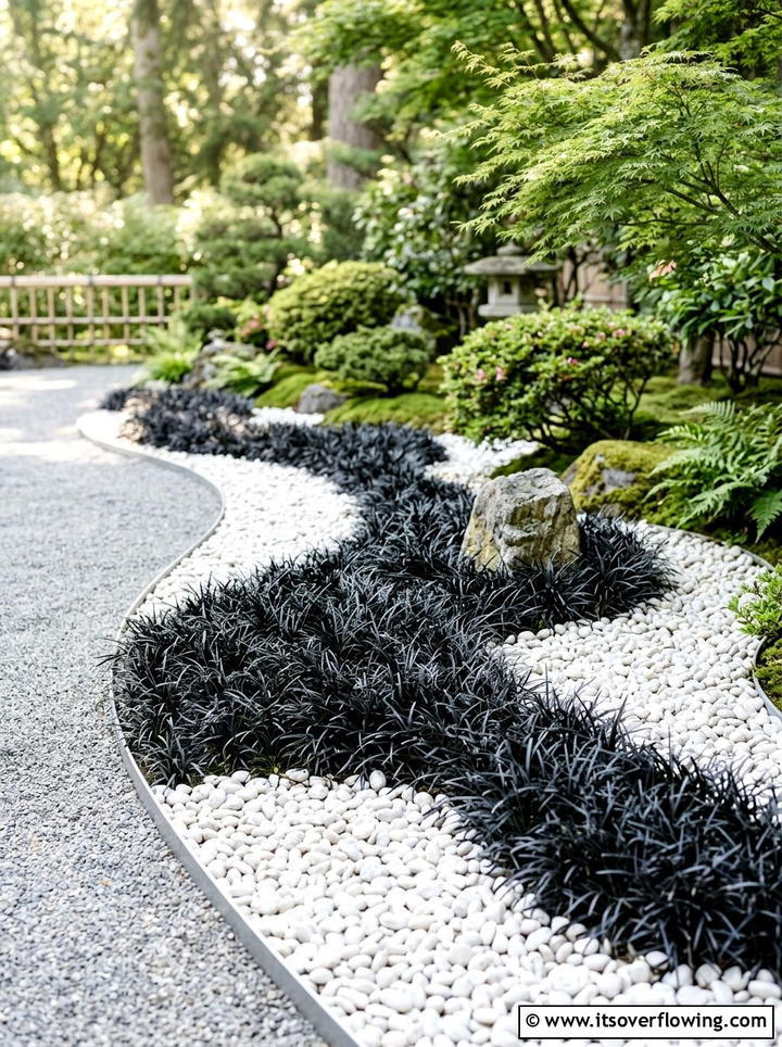 Black Mondo Grass With White Pebbles - 25 creative garden ideas with black and white gardens