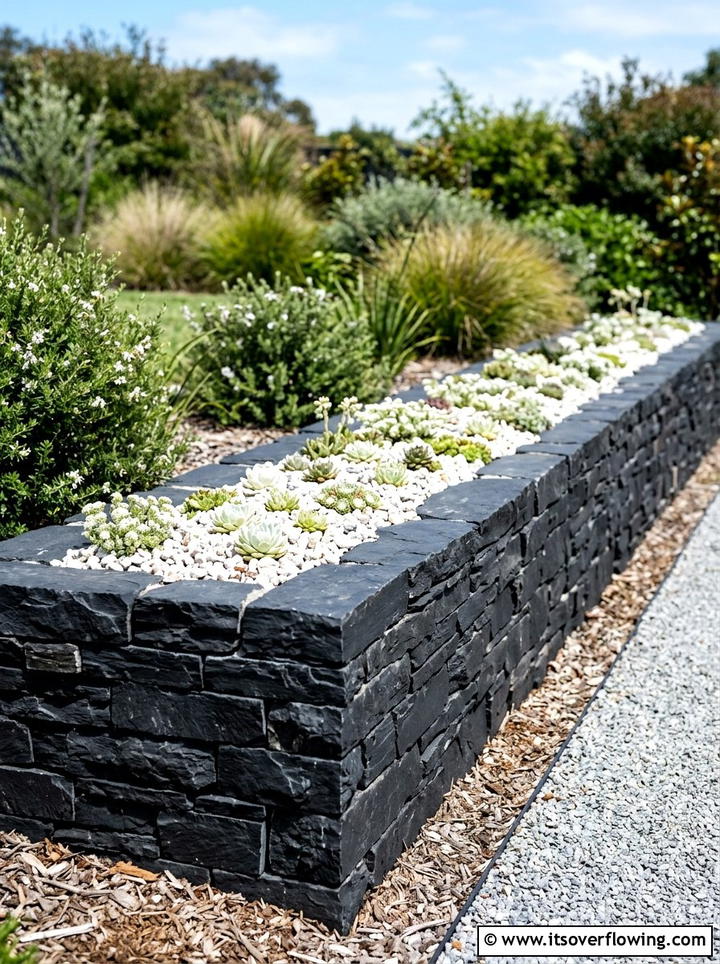 Black Stone Wall With White Rock Garden - 25 creative garden ideas with black and white gardens