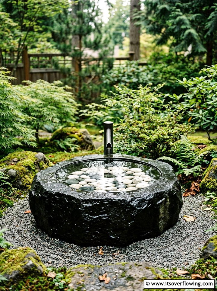 Black Water Feature With White Stones - 25 creative garden ideas with black and white gardens